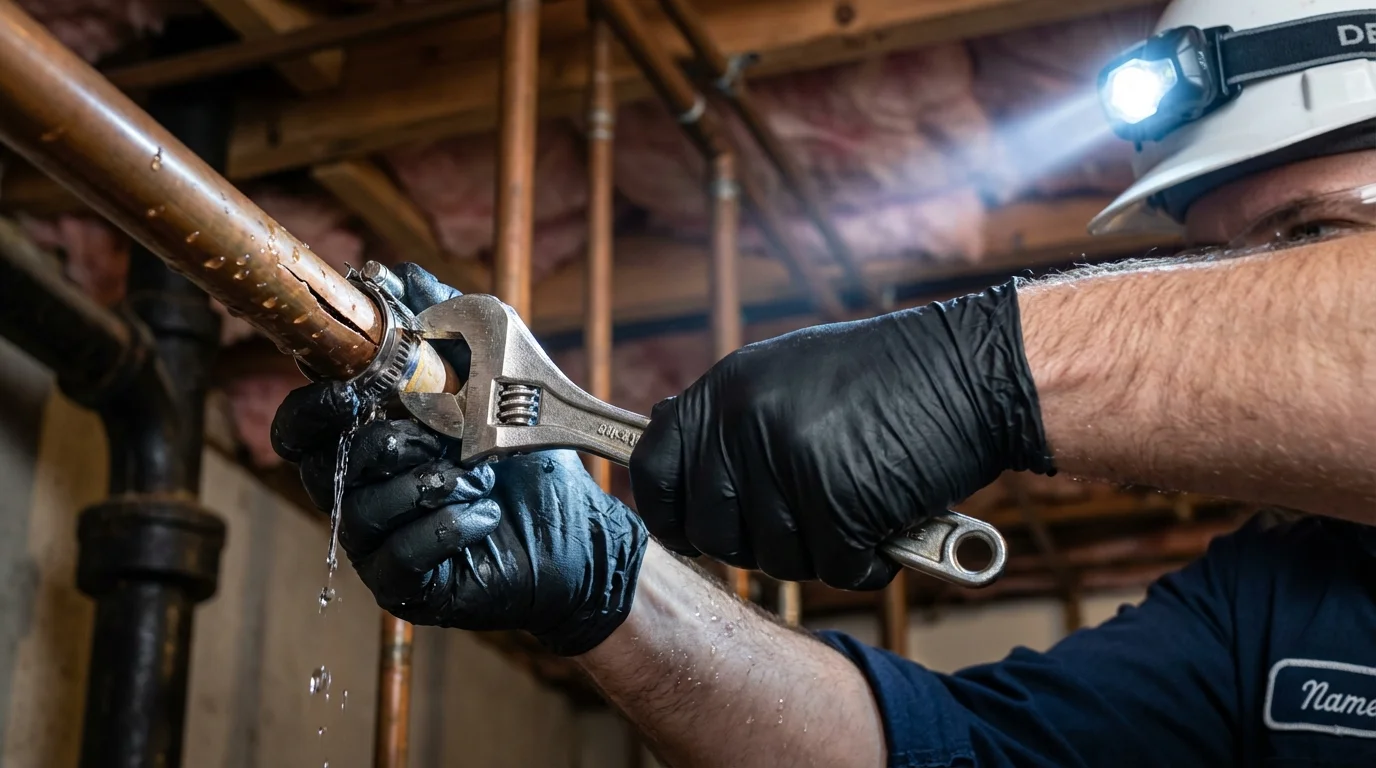 Emergency pipe clamp repair being performed by a Johns Plumbing LLC plumber in Saraland