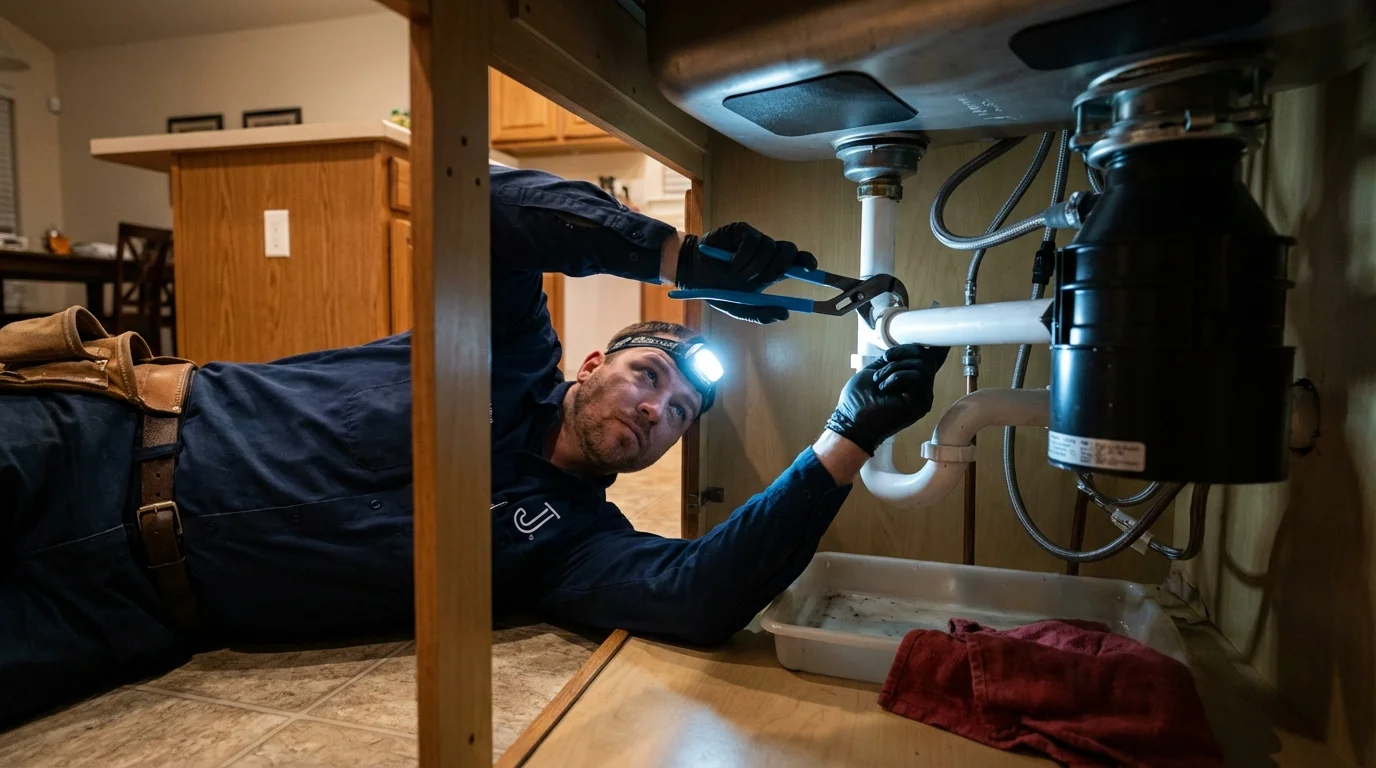 P-trap and supply line connections under a kitchen sink showing a common leak point in Saraland, AL